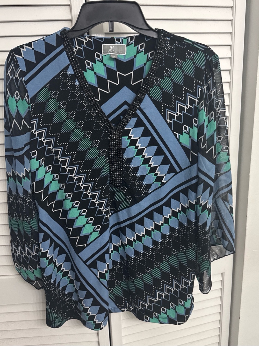 JM Collection Black, Blue & Green Geometric V-Neck Tunic
